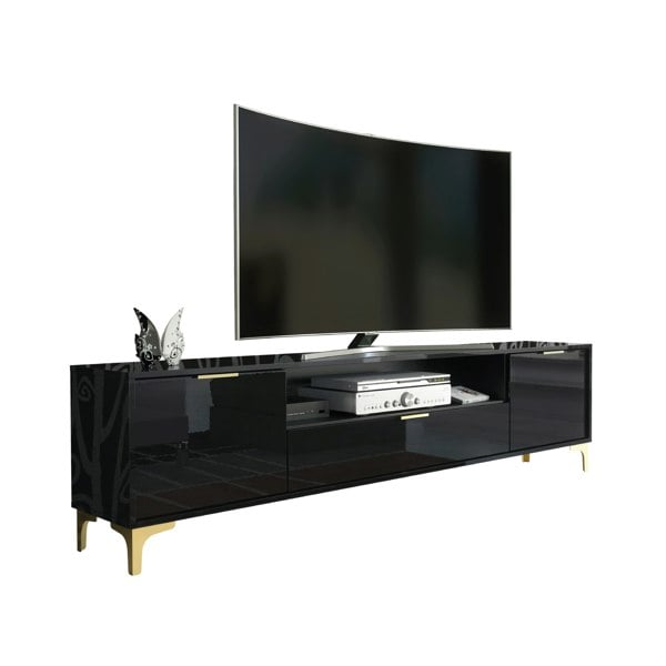 Mex Furniture Luxury 200cm Black High Gloss TV Unit with Gold Finish Accents Sleek Stand Cabinet