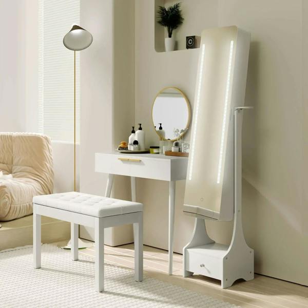 White dressing table with round mirror, gold handle, and side storage drawer