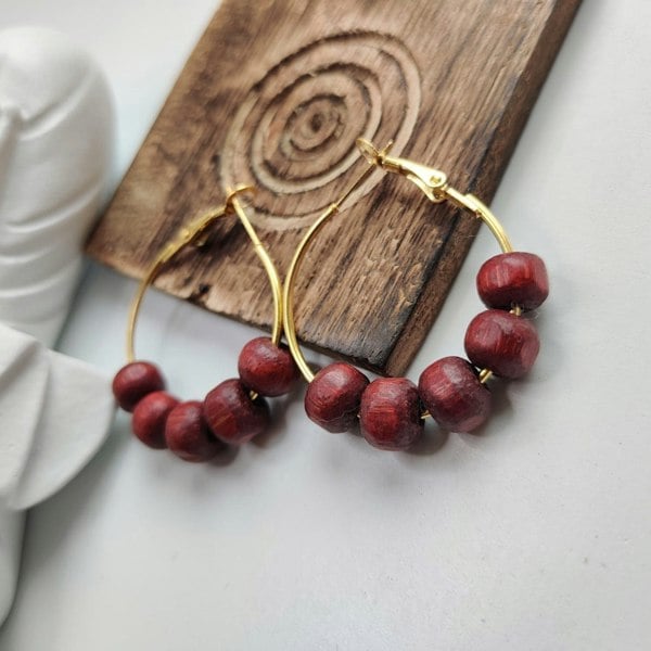 The Colourful Aura Red Sandalwood Beaded Huggie Dainty Hindu Asian Bali Boho Hoop Earring