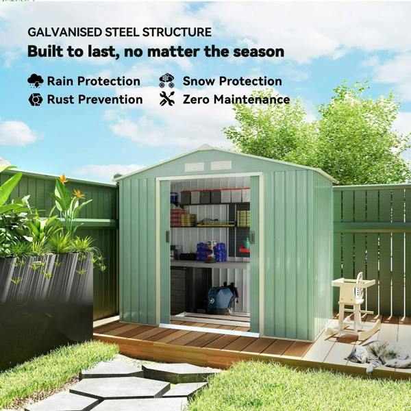 Light green metal garden shed with open doors and organized storage inside