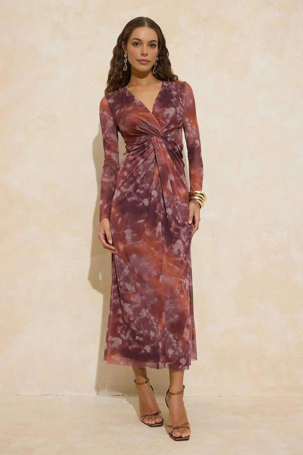 WOVCOR Abstract Floral Pattern Lined Tulle Maxi Dress