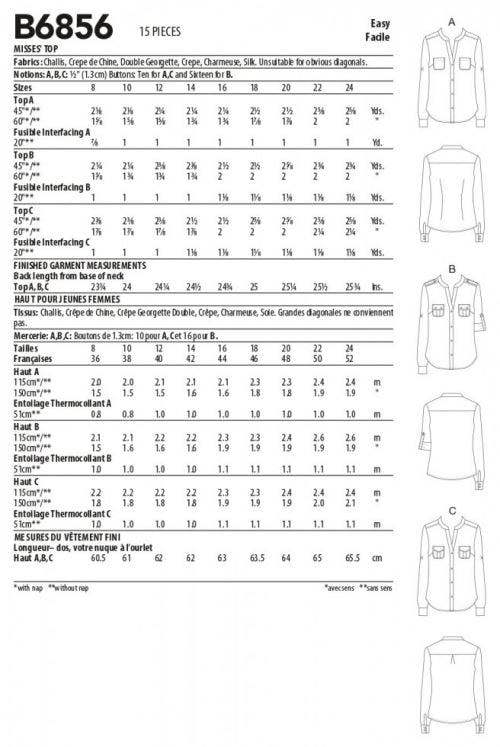 Butterick Sewing Pattern 6856, Shirts, Tops for Women, B5 (8-10-12-14-16) - Easy