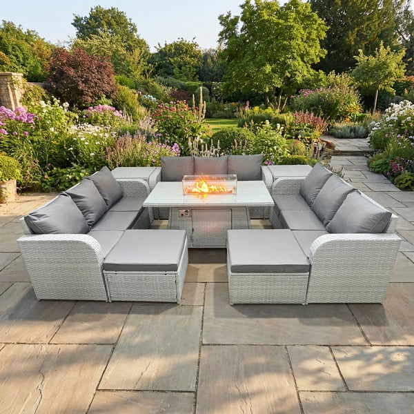 Fimous 11 Seater Rattan Outdoor Garden Furniture Set with Fire Pit Dining Table, 3 Sofas, 2 Footstools, 2 Side Tables - Light Grey