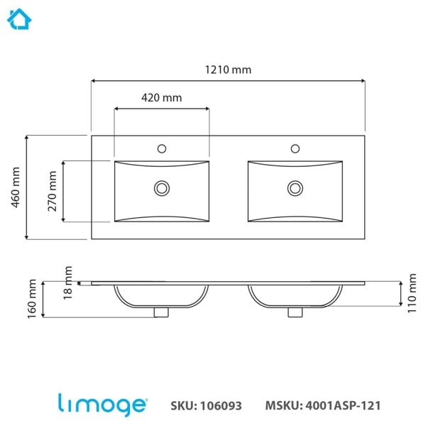 Limoge 4001A Ceramic 121cm Thin-Edge Double Inset Basin with Scooped Bowl