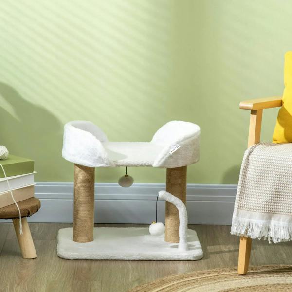 White indoor cat tree with plush heart-shaped perch, jute post, and hanging ball
