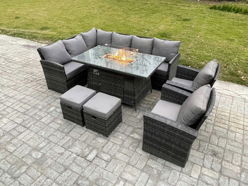 Fimous 10-Seater Rattan High Back Corner Sofa Dining Set | Gas Fire Pit Table & Heater, Armchair, 2 Footstools | Dark Grey