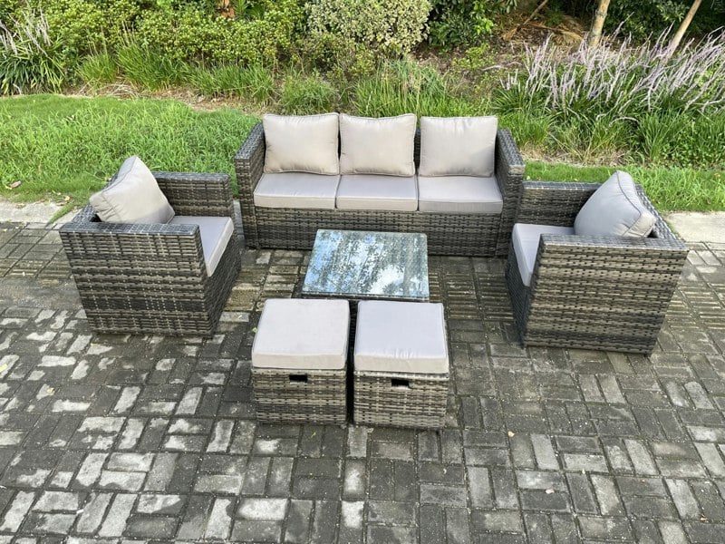 Fimous Wicker Rattan Garden Furniture Sofa Set with Armchair Square Coffee Table 2 Small Footstools Dark Grey Mixed