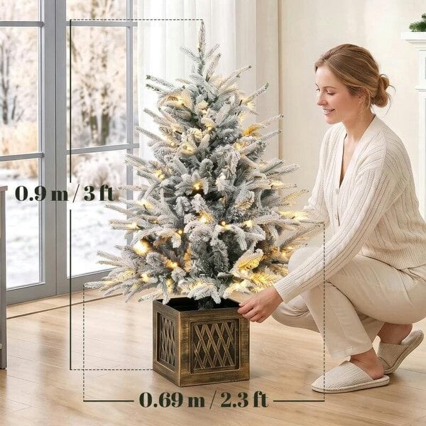 Bobobiy 90 cm Prelit Flocked Table Christmas Tree, Artificial Christmas Tree with 70 Warm White LED Lights, 488 Tips, Green