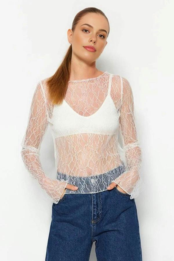 WOVCOR Boat Neck Lace Stretch Knit Blouse