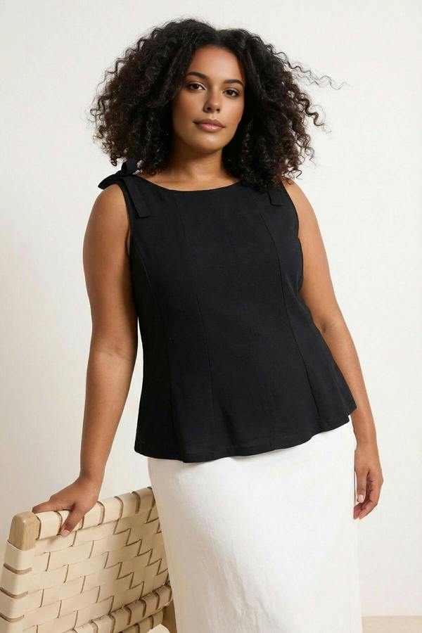 WOVCOR Sleeveless Peplum Blouse with Waist and Shoulder Bow Detail