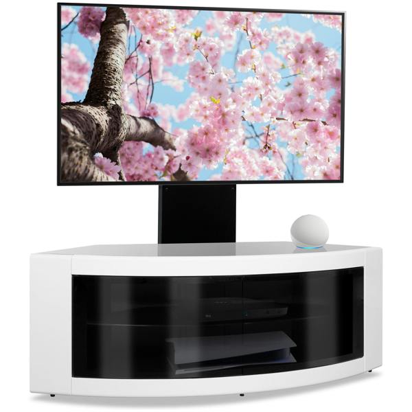 Homeology PANGEA Black/White Beam-Thru Curved True-Corner 32"-50" TV Cabinet with Mounting Arm