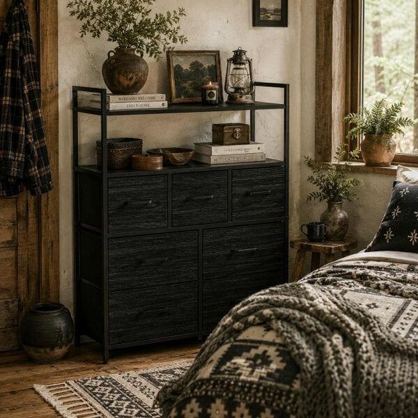 Wyld Haus Latoli Fabric And Wood Black 7 Drawer Rustic Storage Chest
