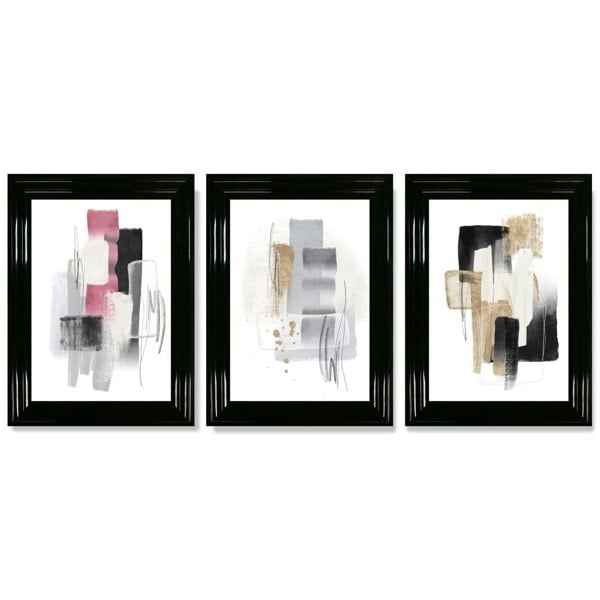 Set of 3 Abstract Black Pink and Silver Framed Art Prints with Glossy Black Frames