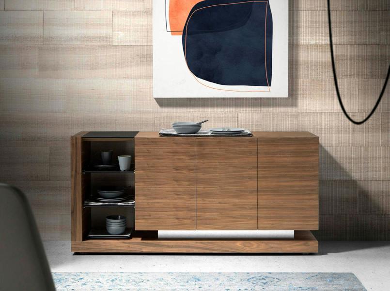 Angel Cerdá Sideboard walnut, brushed steel and black glass top 3140