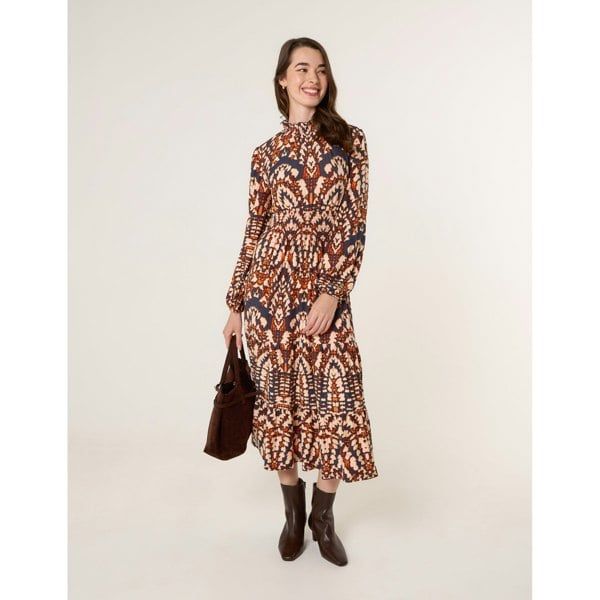 Blue Vanilla Frilled Shirred High Neck Shirred Waist Dress