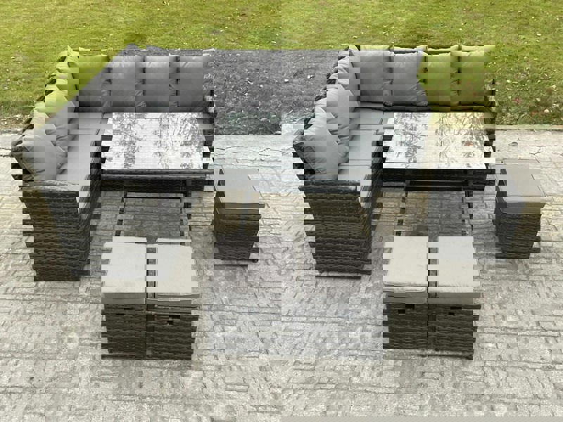 Fimous Wicker Rattan Garden Furniture Corner Sofa Set with Oblong Dining Table 3 Small Footstools 9 Seater Outdoor Rattan Set Dark Grey Mixed