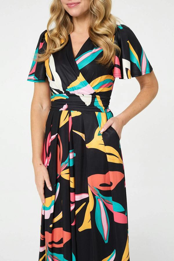 Green | Abstract Faux Wrap Tie Back Midi Dress