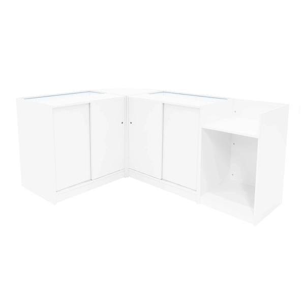 Theia LED Shop Counter Set in white features sleek, modern design with glass display tops and ample storage space in a corner layout