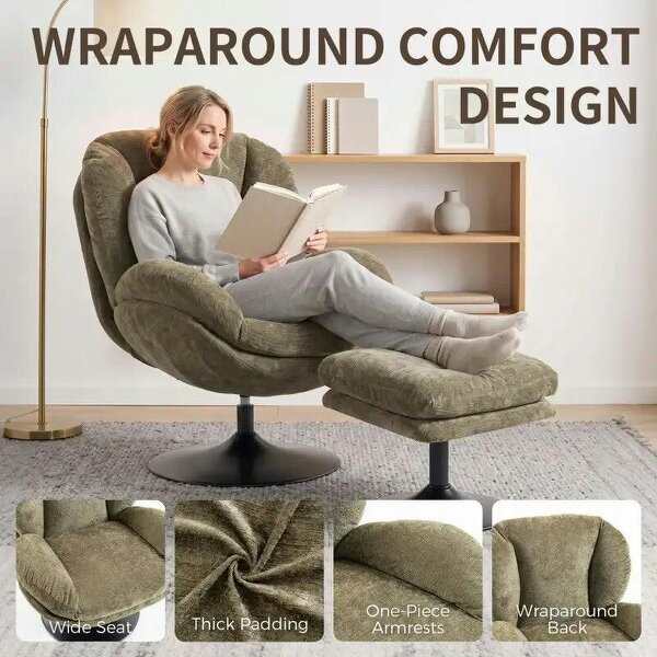 Modern Chenille Lazy Chair with Ottoman, 360° Swivel, Upholstered Reading Seat Set for Living Room, Dark Green