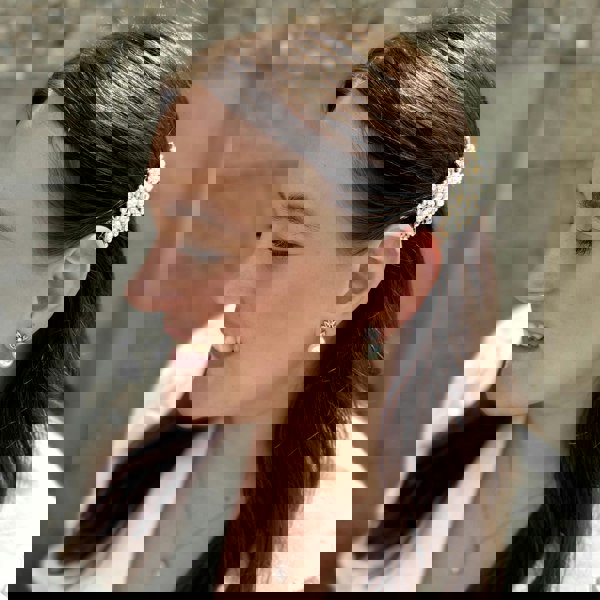 Gold Pearl Small Diamante Hair Clip, Worn View, Elegant Hair Accessory With Pearls And Crystals, Dainty Gold Hair Slide, Bridal Pearl Hair Clip, Sparkly Vintage Inspired Hair Decoration
