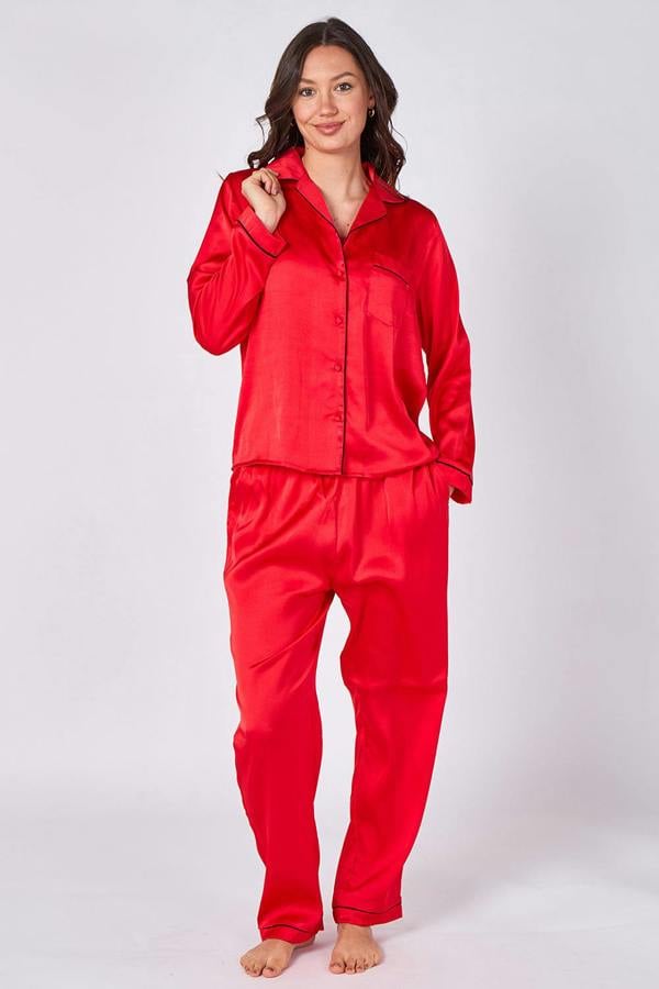 Elaina Fashion Red Long sleeve satin Pj set with pockets