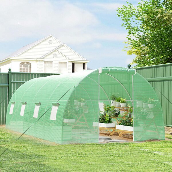 Outsunny 6 x 3 m Walk-in Polytunnel Greenhouse, Zipped Door, 8 Mesh Windows, Green