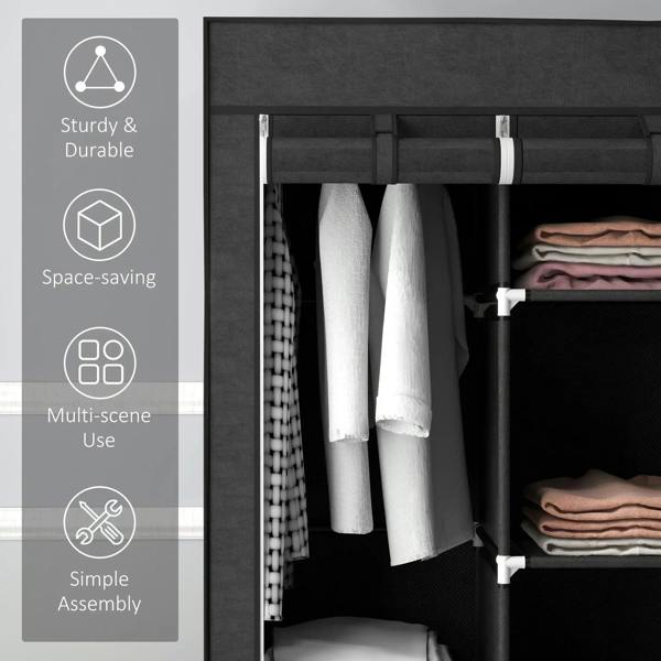Black fabric wardrobe open section with hanging rail and neatly draped garments and shelves.