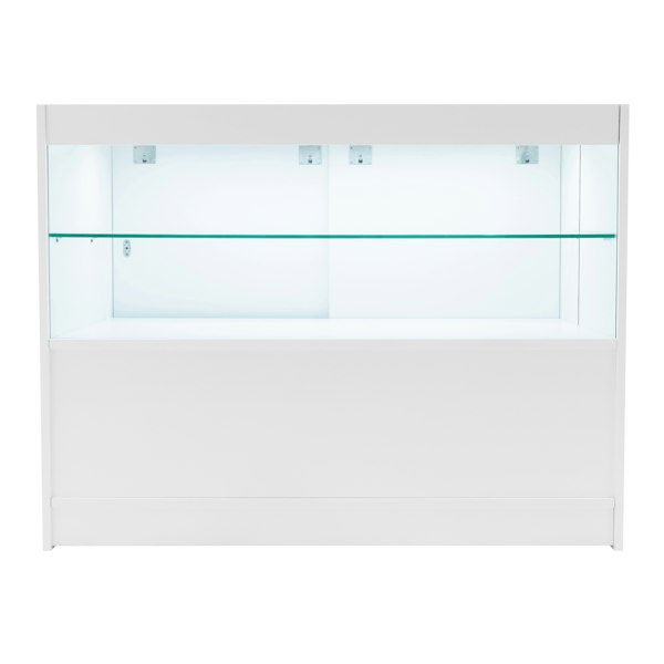 White Andromeda LED shop counter set featuring a sleek design, glass shelves, and bright interior lighting for product display