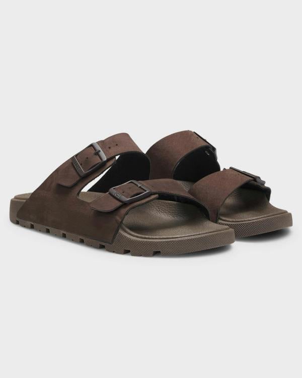 Pair of BOSS Orange Surfley Mens Twin-Strap Slides with Branded Buckles in Dark Brown 201 - Right