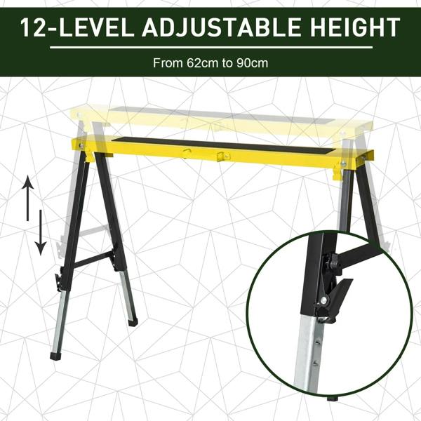 Yellow sawhorse trestle stand showing adjustable height range and silver legs