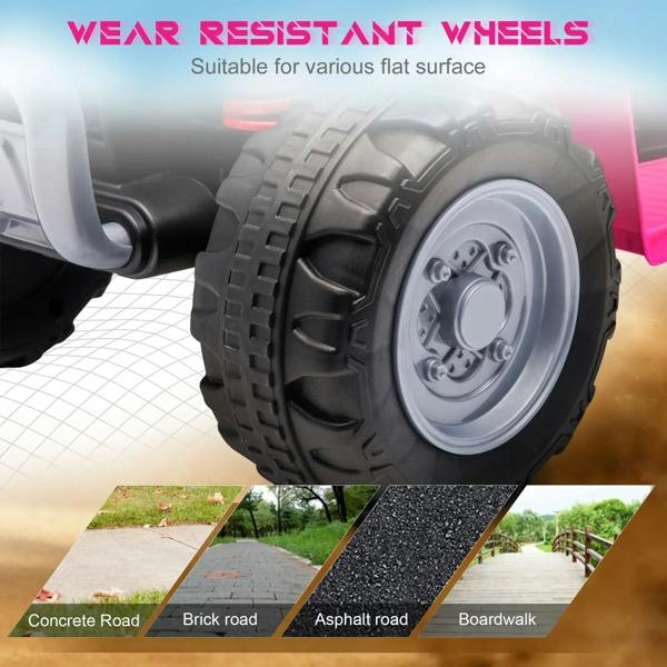 Pink kids Honda electric quad bike close-up of front wheel with deep tread
