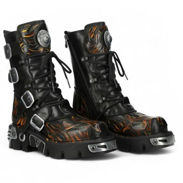 New Rock M-591-C58 Mid-Calf High Black Flame Leather Metallic Gothic Boots