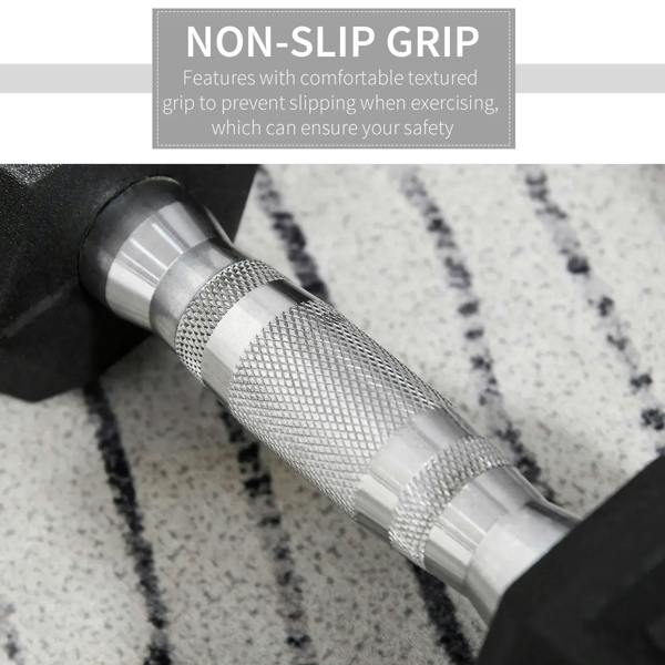 Black hex rubber dumbbells with chrome knurled non-slip grip on the handle
