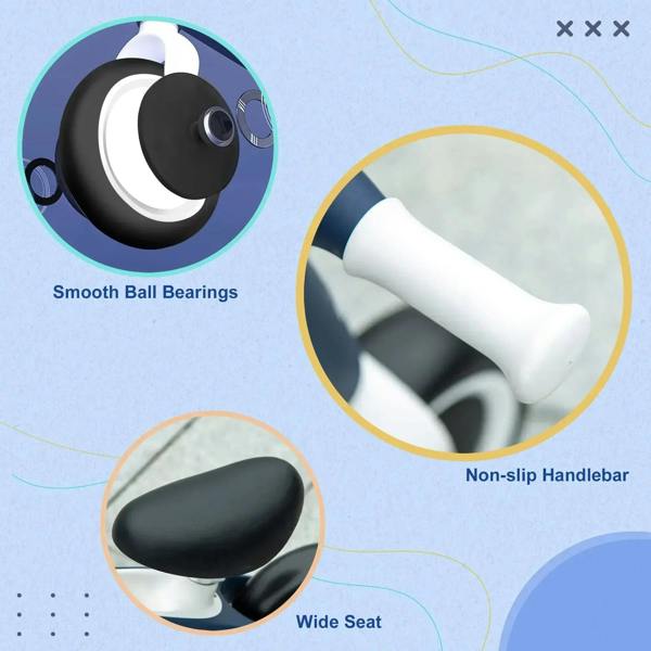Blue balance bike features: wide non-slip seat, smooth ball bearings, white grips
