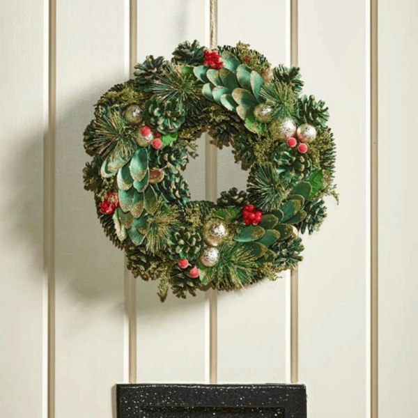 Samuel Alexander 36cm Bauble and Pinecone Hanging Christmas Wreath with Red Berries