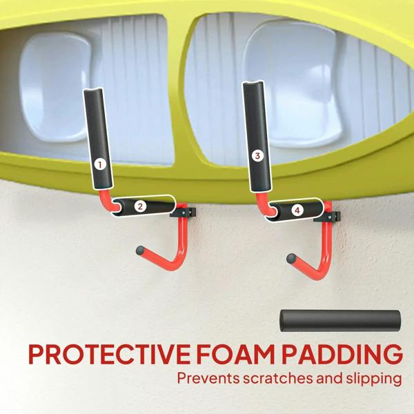 Red wall-mounted kayak/canoe storage rack with black padded holders and curved hooks