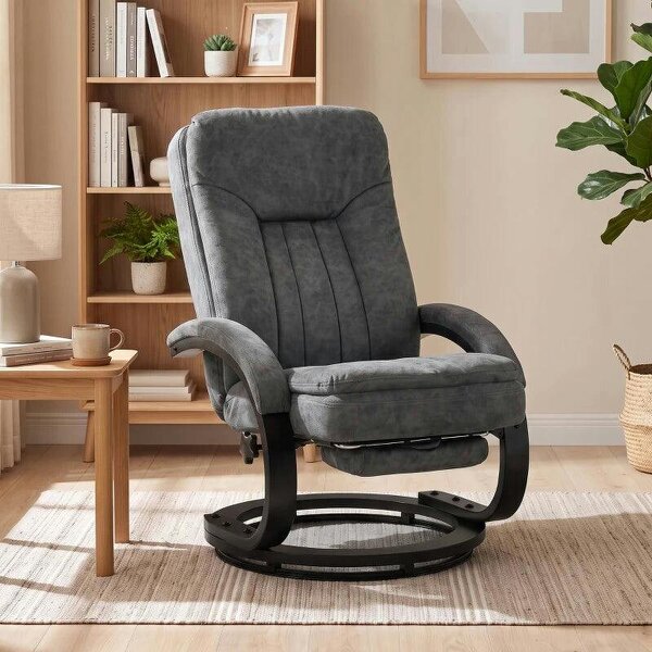 Swivel Recliner Chair, Velvet Recliner Armchair with Retractable Footrest, Dual-Layer Cushion, High Back, Dark Grey