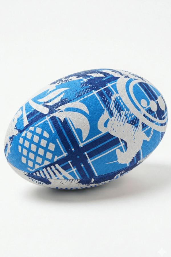 Blue and white Optimum Scotland rugby ball with thistle and tartan graphics, lying on white - Optimum