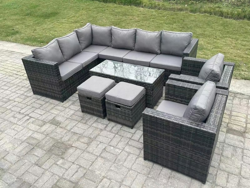 Fimous 10 Seater Rattan Corner Sofa Lounge Sofa Set With Rectangular Coffee Table 2 Stool Dark Grey Mixed Left Hand