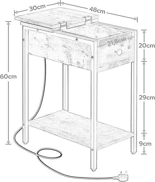 Rafaelo Mobilia Narrow Bedside Table With Power & USB Outlets