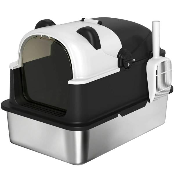 Enclosed stainless steel cat litter box with lid, panda-style black and white