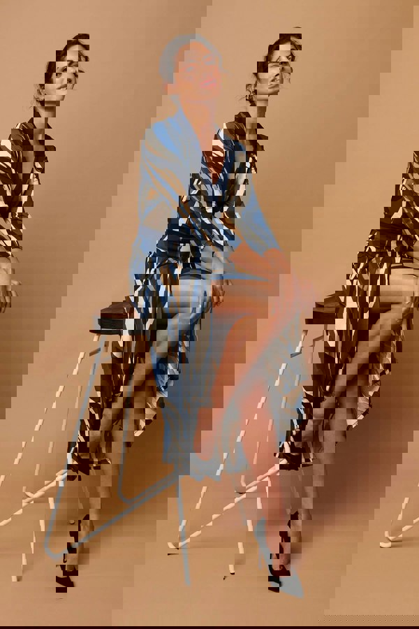 Blue | Striped 3/4 Sleeve Midi Wrap Dress
