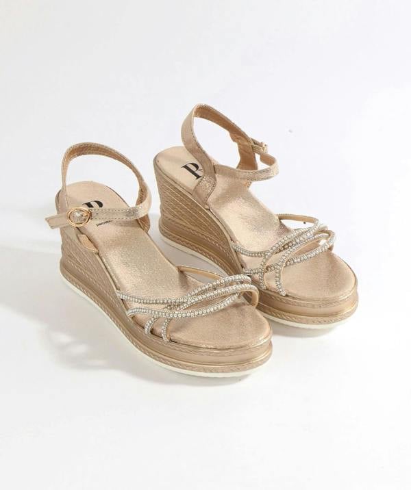 Pia Rossini Alba - Gold Wedged Sandal with Pearl Embellishments