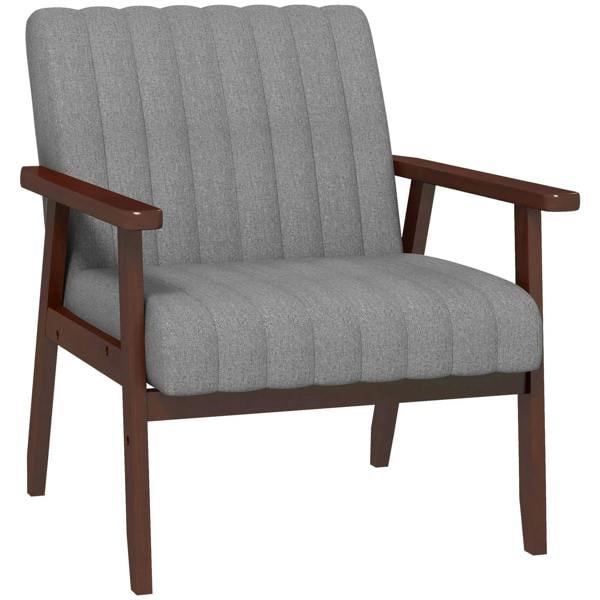 Grey upholstered accent chair with wooden arms and tapered legs