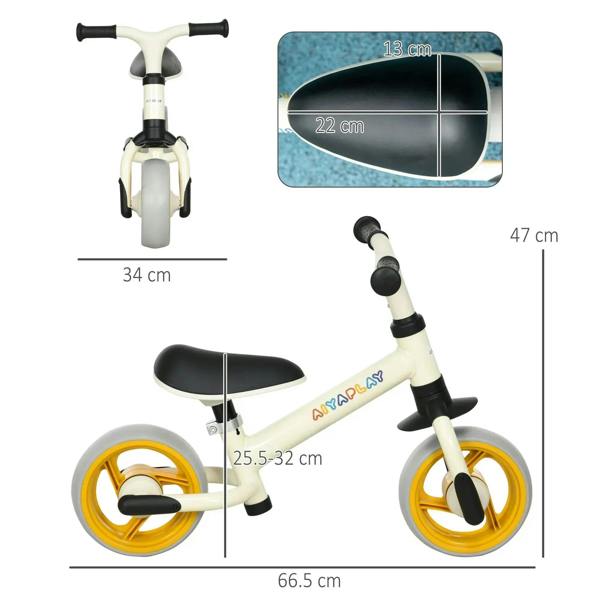 Children's balance bike with adjustable seat, shown with size measurements