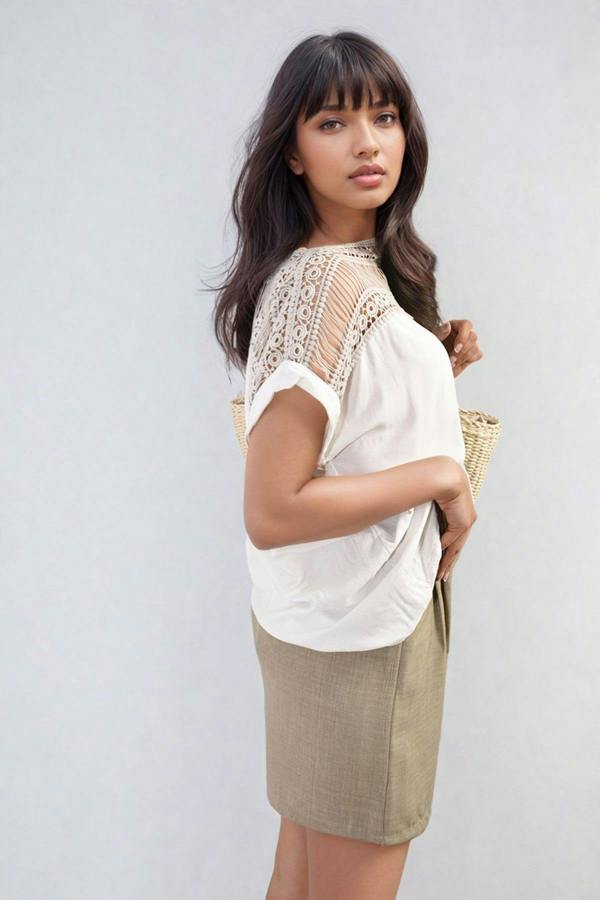 Sylvia Lace Insert Round Neck Hollow Top - Beige