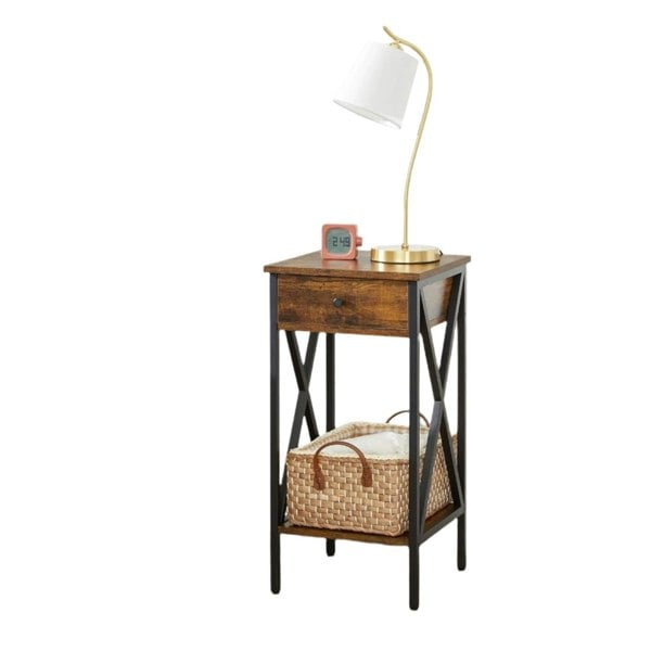 Modcraft Tall Nightstand with Drawer & Shelf – Rustic Brown & Black Industrial Bedside Table