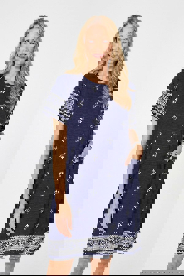 Navy | Border Print Knee Length Shift Dress
