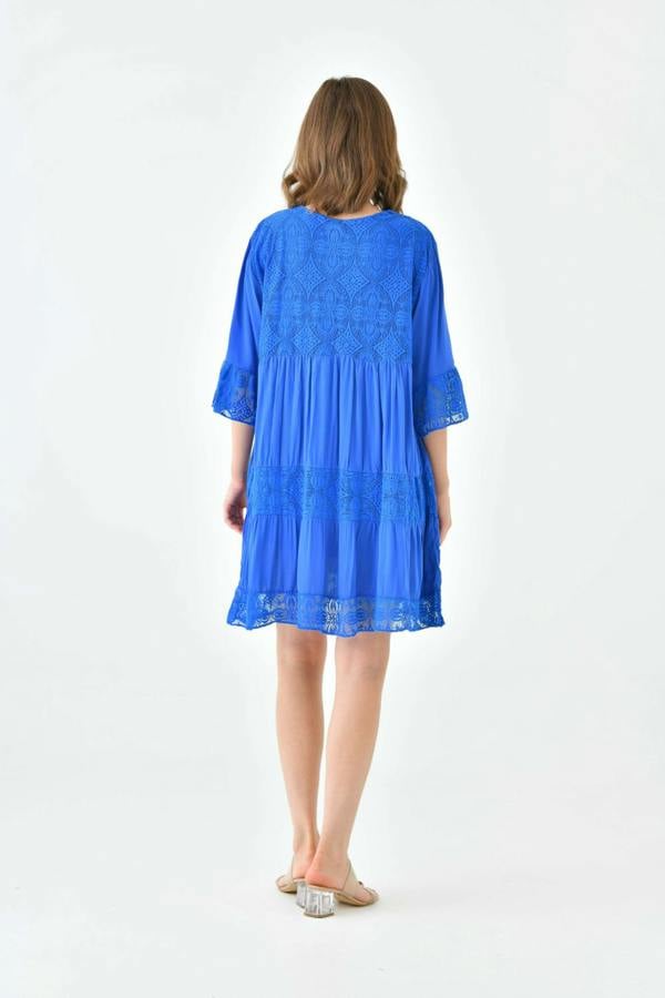 Hoxton Gal Oversized 3/4 Sleeves Lace Detailed V Neck Mini Dress in Royal Blue
