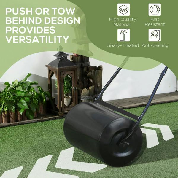 Black lawn roller with round drum and blue handle supports for pushing or towing